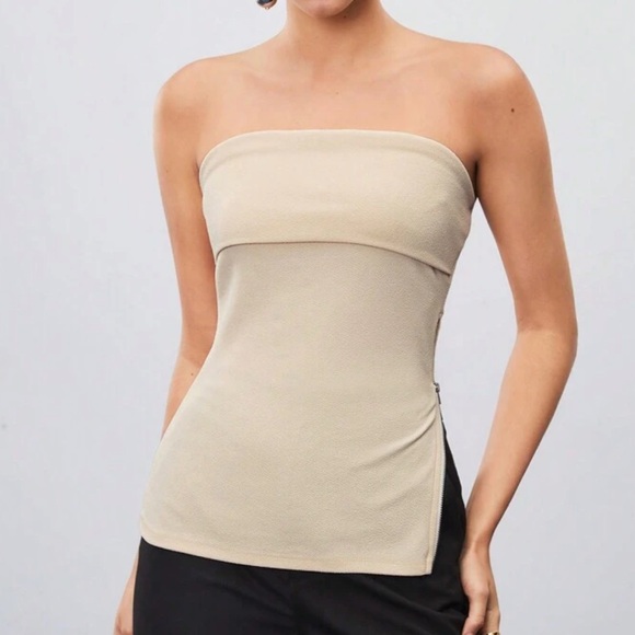Women Strapless Solid Zipper Up Top - Picture 1 of 5